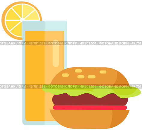 Unhealthy nutrition, fat eating, cheeseburger and juice overweight concept. Products for design fast food menu. Fastfood meals vector illustration. Hamburger with lemonade. Burger, fizzy drink. Unhealthy nutrition, fat eating, cheeseburger and juice, overweight. Products for d fast food menu. Стоковая иллюстрация, агентство Ingram Publishing / Фотобанк Лори