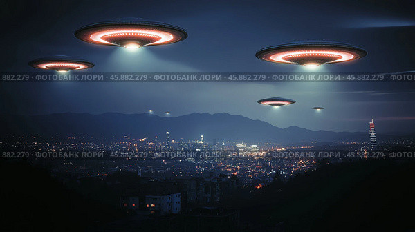 Unidentified flying objects hover over a city buildings skyline at night. Стоковое AI-изображение, AI-художник Михаил Коханчиков / Фотобанк Лори