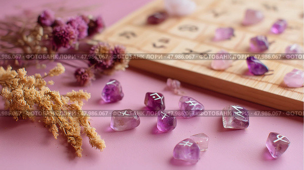 Unique amethyst stones with symbols beside dried flowers and a wooden board displaying markings on a pink background. Стоковое AI-изображение, AI-художник Сергей Толмачёв / Фотобанк Лори