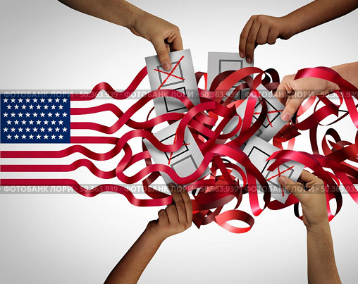 United States election confusion and Community vote or voting crisis concept as hands holding votes casting ballots in a tangled American flag as voters confused with 3D illustration elements. Стоковое фото, агентство Ingram Publishing / Фотобанк Лори