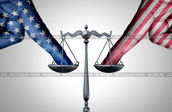 United States legal battle and american law as a tip the scales of justice concept with a the finger of people influencing the USA legal system for an legislative advantage with 3D illustration elements. Стоковое фото, агентство Ingram Publishing / Фотобанк Лори