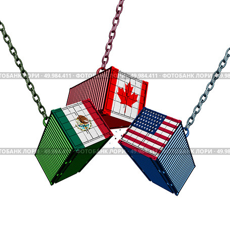 United States Mexico Canada trade agreement as the USMCA with cargo shipping containers joining together as an economic import and export deal as a 3D illustration. Стоковое фото, агентство Ingram Publishing / Фотобанк Лори
