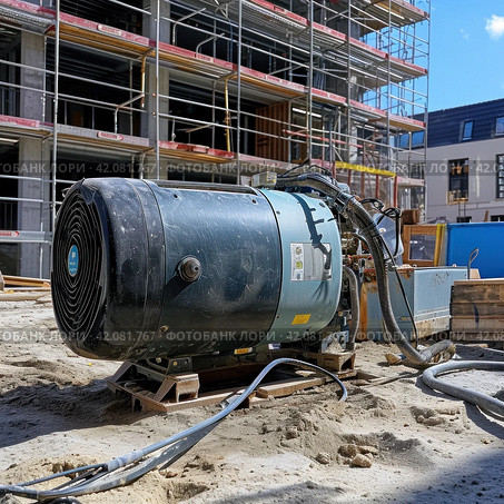 Universal compressor on construction site. Стоковое AI-изображение, AI-художник Юрий Поздников / Фотобанк Лори