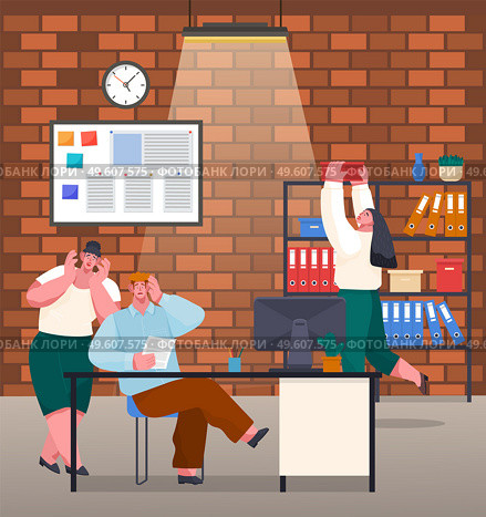 Unorganized office workers shocked from paperwork. Woman and man looking at document. People made mistake in work, report, document. Stressing woman taking archive box from shelves. Chaos in office. People made mistake in work, report, document, stressing woman taking archive box from shelves. Стоковая иллюстрация, агентство Ingram Publishing / Фотобанк Лори