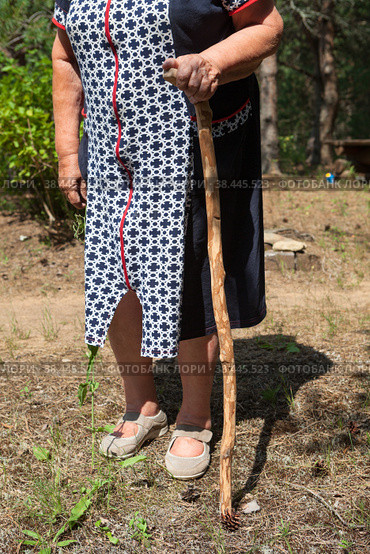 Unrecognizable senior woman leaning on a thick cane while walking on forest. Стоковое фото, фотограф Кекяляйнен Андрей / Фотобанк Лори