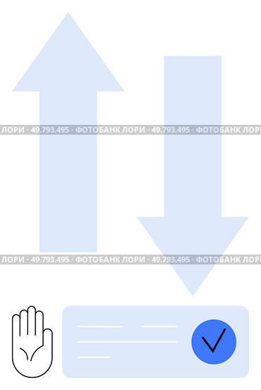 Up and down arrows, stop hand symbol, and a checkmark indicate decision-making and direction. Ideal for workflow processes, approvals, navigation, choices, permissions, prioritization. Up and Down Arrows with Stop Hand and Checkmark Symbolizing Decisions and Directions. Стоковая иллюстрация, агентство Ingram Publishing / Фотобанк Лори