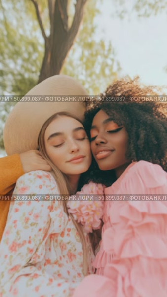 Uplifting and serene portrayal of two companions sharing a tender embrace under glowing natural light, evoking feelings of love and sincere friendship. Стоковое AI-видео, аниматор Данила Большаков / Фотобанк Лори