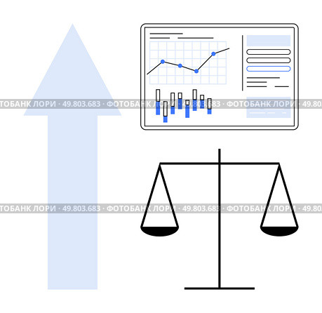 Upward arrow, data chart with graphs, and balanced scales. Ideal for finance, business growth, investment analysis, stability, law and order, progress, success. Line metaphor. Financial growth symbolized by upward arrow alongside data chart and balanced scales indicating stability. Стоковая иллюстрация, агентство Ingram Publishing / Фотобанк Лори