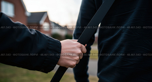 Urban danger scene with hand forcefully grabbing backpack strap in tense daylight encounter. Стоковое AI-изображение, AI-художник Ольга Березина / Фотобанк Лори