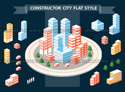 Urban Designer landscapes of the city. Design set in a flat style with houses, roads and transport. Стоковая иллюстрация, агентство Ingram Publishing / Фотобанк Лори