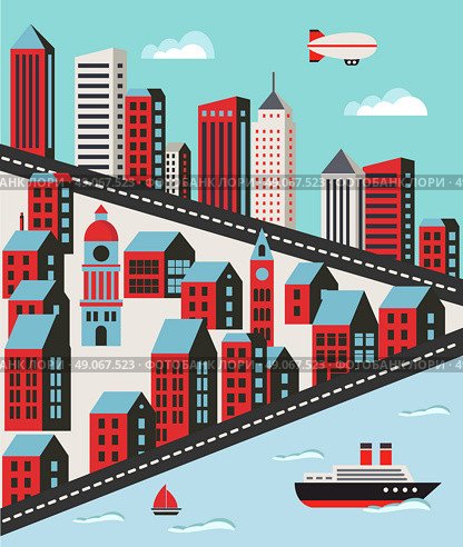 Urban landscape in a flat style with houses, roads and transport. Стоковая иллюстрация, агентство Ingram Publishing / Фотобанк Лори