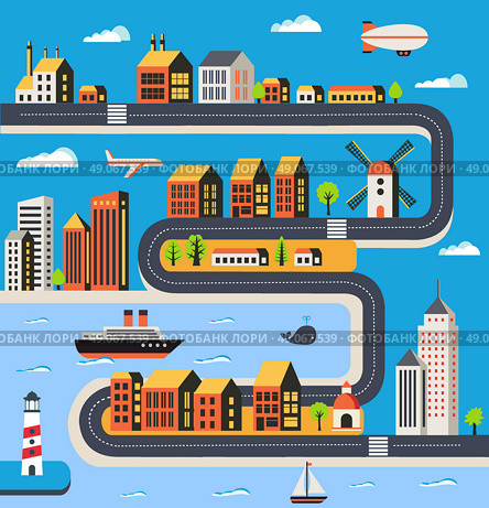 Urban landscape in a flat style with houses, roads and transport. Стоковая иллюстрация, агентство Ingram Publishing / Фотобанк Лори