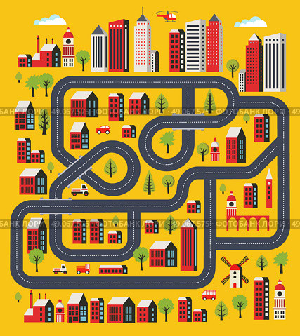 Urban landscape in a flat style with houses, roads and transport. Стоковая иллюстрация, агентство Ingram Publishing / Фотобанк Лори