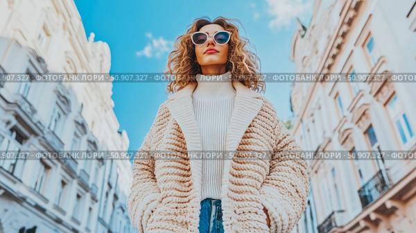 Urban Portrait: Young woman with curly hair and sunglasses in a city street, modeling a cardigan for a fashion editorial. Стоковое AI-изображение, AI-художник Данила Большаков / Фотобанк Лори