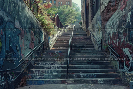 Urban staircase with graffiti in sunlight. Стоковое AI-изображение, AI-художник Иван Рябоконь / Фотобанк Лори
