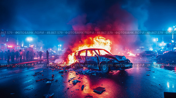 Urban unrest and destruction: a burning car in a riot, embodying chaos and social conflict. Стоковое AI-изображение, AI-художник Данила Большаков / Фотобанк Лори