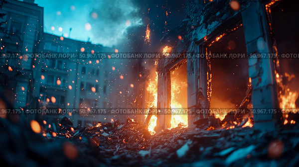 Urban War Zone: Devastation and Destruction of Building in Cityscape Aftermath with Intense Fire, Smoke, and Debris. Стоковое AI-изображение, AI-художник Данила Большаков / Фотобанк Лори
