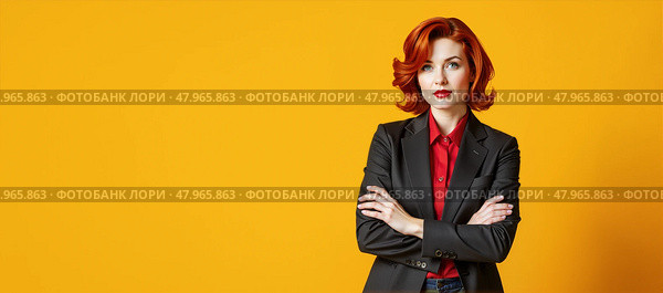 Уверенная женщина в деловом костюме на ярком фоне с копи спейсом. Стоковое AI-изображение, AI-художник Валерий Лукин / Фотобанк Лори
