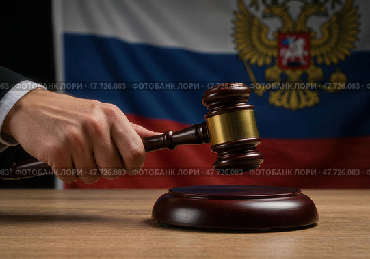 В зале суда звучит удар молотка судьи, подчеркивающий важность правопорядка. Флаг России на заднем плане символизирует власть и строгость закона. Стоковое AI-изображение, AI-художник Сергей Никифоров-Гордеев / Фотобанк Лори