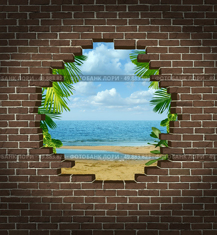 Vacation escape concept and getting away symbol as a broken brick wall revealing a tropical beach rersort tourist attraction as an icon for escaping the city to a warm paradise destination. Стоковое фото, агентство Ingram Publishing / Фотобанк Лори