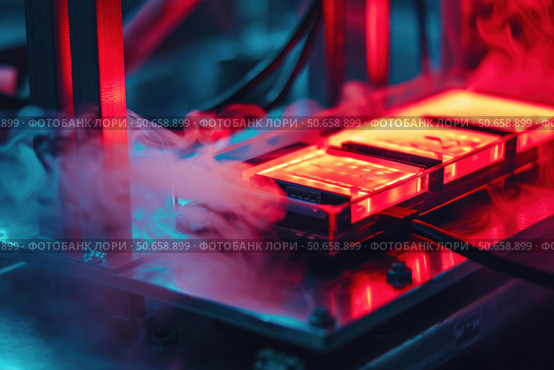 Vapor cooling system cools down computer hardware with red light and blue smoke. Стоковое AI-изображение, AI-художник Иван Рябоконь / Фотобанк Лори
