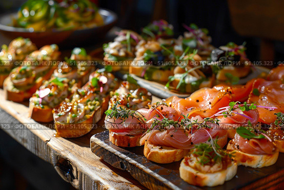Variety of tasty appetizers with different toppings being served for guests during a catered event. Стоковое AI-изображение, AI-художник Иван Рябоконь / Фотобанк Лори