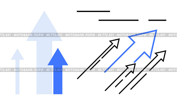 Various arrows of different sizes in shades of blue and black pointing upward. Ideal for growth, success, business, progress, and direction themes. Simple and modern style. Multiple arrows pointing upward symbolizing growth, progression, and forward movement. Стоковая иллюстрация, агентство Ingram Publishing / Фотобанк Лори
