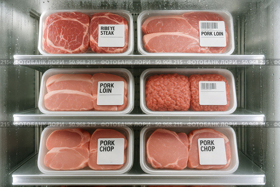 Various cuts of pork meat displayed in clear plastic packaging inside a refrigerator. Labels include pork loin, pork chop, and heavy style. Стоковое AI-изображение, AI-художник Nart / Фотобанк Лори