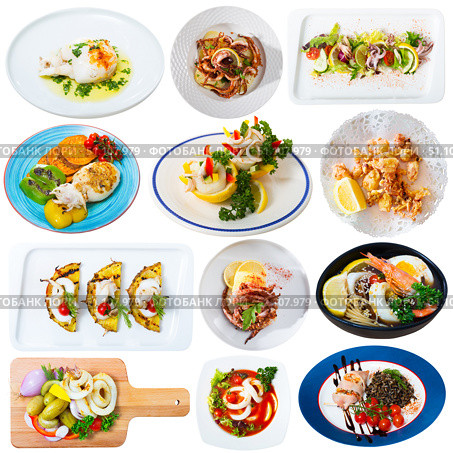 Various dishes of squid and cuttlefish with vegetables. Стоковое фото, фотограф Яков Филимонов / Фотобанк Лори