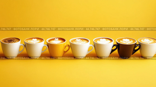 Various hot coffees in ceramic cups lined up on a yellow background. Стоковое AI-изображение, AI-художник Veniamin Kraskov / Фотобанк Лори