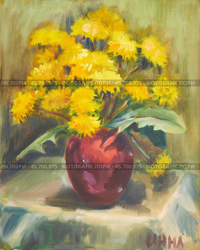 vBouquet of dandelions. Oil painting on canvas by artist Inna Prsityazhnyuk. Стоковая иллюстрация, иллюстратор Сергей Пристяжнюк (Serg Zastavkin) / Фотобанк Лори