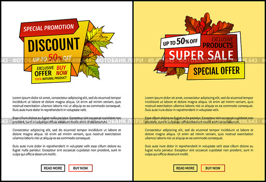 Vector autumn sale coupon, yellow foliage. Special promotion discount on Thanksgiving day, exclusive offer buy natural product posters with maple leaves. Autumn Sale Coupon, Yellow Foliage Special Promo. Стоковая иллюстрация, агентство Ingram Publishing / Фотобанк Лори