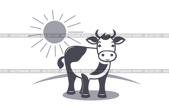Vector cute cartoon graphic simple smiling spotted monochrome cow with horns. Radiant sun. White isolated background. Стоковая иллюстрация, иллюстратор GAlexS / Фотобанк Лори