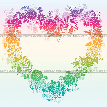 Vector decorative spring rainbow frame with floral heart. Стоковая иллюстрация, иллюстратор Ольга Дроздова / Фотобанк Лори