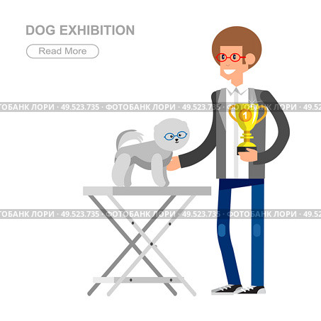 Vector detailed character man with dogs on pet show competition. Pomeranian dog winning the prize on  pet show. Vector pet show . Vector detailed character man . Стоковая иллюстрация, агентство Ingram Publishing / Фотобанк Лори