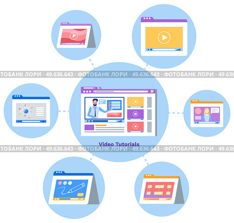 Vector e-learning concept digital content and online webinar icons. Online courses lead by male teacher on video. Icon of website with man explaining material to students, screen with text and tests. Vector e-learning concept in flat style - digital content and online webinar icons with male teacher. Стоковая иллюстрация, агентство Ingram Publishing / Фотобанк Лори