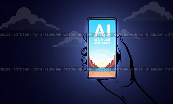 Vector graphic human hand and smartphone. Illusion and artificial intelligence. Sea, mountains, sand and bright sun on blue sky. Bright beach on gadget screen. Nightly dark cloudy real background. Стоковая иллюстрация, иллюстратор GAlexS / Фотобанк Лори