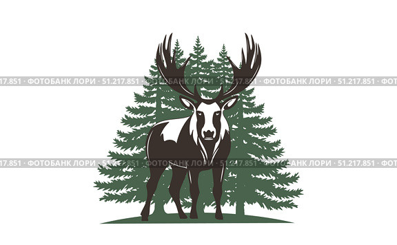 Vector graphic monochrome powerful strong horned wild elk, deer. Silhouette of coniferous green trees. Isolated background. Forest animal, moose. Fir. Стоковая иллюстрация, иллюстратор GAlexS / Фотобанк Лори