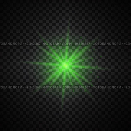 Vector green glowing lights on transparent background. Special effect light rays. Spark, star burst, flash. Spotlight flare. Illumination. Стоковая иллюстрация, агентство Ingram Publishing / Фотобанк Лори