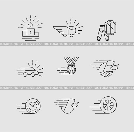 Vector icon and logo for car racing and championship. Editable outline stroke size. Line flat contour, thin and linear design. Simple icons. Concept illustration. Sign, symbol, element.. Vector icon and logo for car racing and championship. Editable outline stroke. Стоковая иллюстрация, агентство Ingram Publishing / Фотобанк Лори