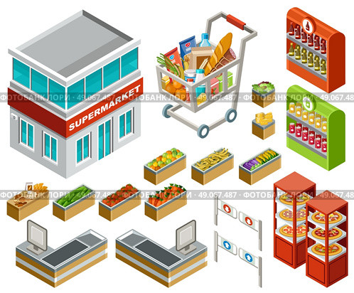 Vector isometric illustration of a supermarket on a white background. Стоковая иллюстрация, агентство Ingram Publishing / Фотобанк Лори