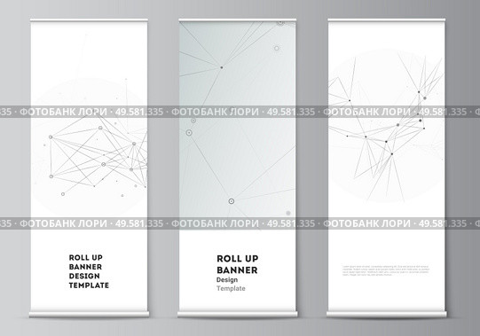 Vector layout of roll up mockup templates for vertical flyers, flags design templates, banner stands, advertising mockups. Gray technology background with connecting lines and dots. Network concept. Vector layout of roll up mockup templates for vertical flyers, flags design templates, banner stands, advertising mockups. Gray technology background with connecting lines and dots. Network concept. Стоковая иллюстрация, агентство Ingram Publishing / Фотобанк Лори