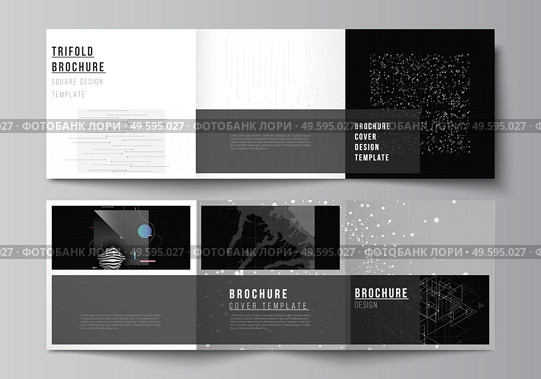 Vector layout of square covers templates for trifold brochure, flyer, magazine, cover design, book design. Abstract technology black color science background. Minimalist high tech concept.. Vector layout of square covers templates for trifold brochure, flyer, magazine, cover design, book design. Abstract technology black color science background.Digital data. Minimalist high tech concept. Стоковая иллюстрация, агентство Ingram Publishing / Фотобанк Лори