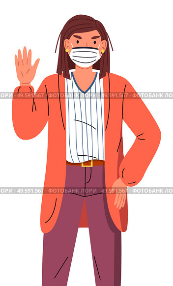 Vector portrait of young woman wearing face medical mask show stop gesture at white background. Viral pandemic, protection against world viral infection. Respiratory protection from virus pandemia. Portrait of woman wearing face medical mask show stop gesture to viral pandemic, cartoon character. Стоковая иллюстрация, агентство Ingram Publishing / Фотобанк Лори