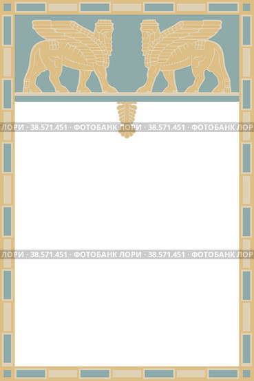 Vector poster or document in Assyrian style Winged bull-man from Sumerian mythology. Стоковая иллюстрация, иллюстратор Елена  Попкова / Фотобанк Лори