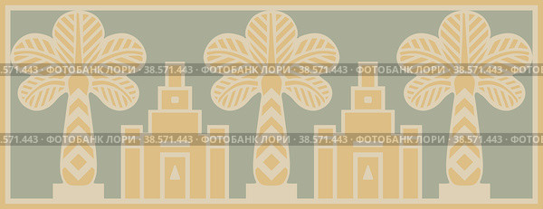 Vector seamless banner in Assyrian style with palm trees and ziggurats. Стоковая иллюстрация, иллюстратор Елена  Попкова / Фотобанк Лори