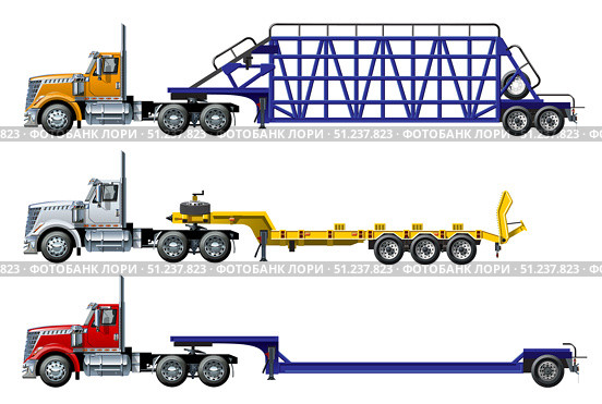 Vector semi trucks set isolated on white. Стоковая иллюстрация, иллюстратор Александр Володин / Фотобанк Лори