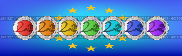 Vector set of colored rainbow iridescent coins of European Union, denomination of 2 euros. Money of Europe. Collection. Hobbies and numismatics. Design elements. Two. Стоковая иллюстрация, иллюстратор GAlexS / Фотобанк Лори