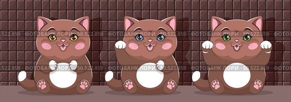 Vector sitting chocolate chubby cute cartoon kittens with different paws and eyes. Set of plump cuddly cats. Sweet favorite kitties. Domestic brown pets. Toon cheerful puss. Стоковая иллюстрация, иллюстратор GAlexS / Фотобанк Лори