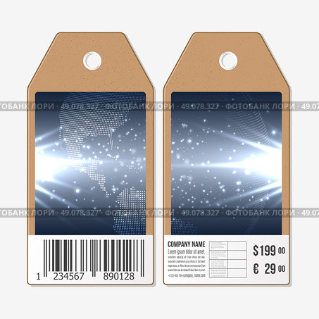 Vector tags design on both sides, cardboard sale labels with barcode. Dotted world globe. Стоковая иллюстрация, агентство Ingram Publishing / Фотобанк Лори